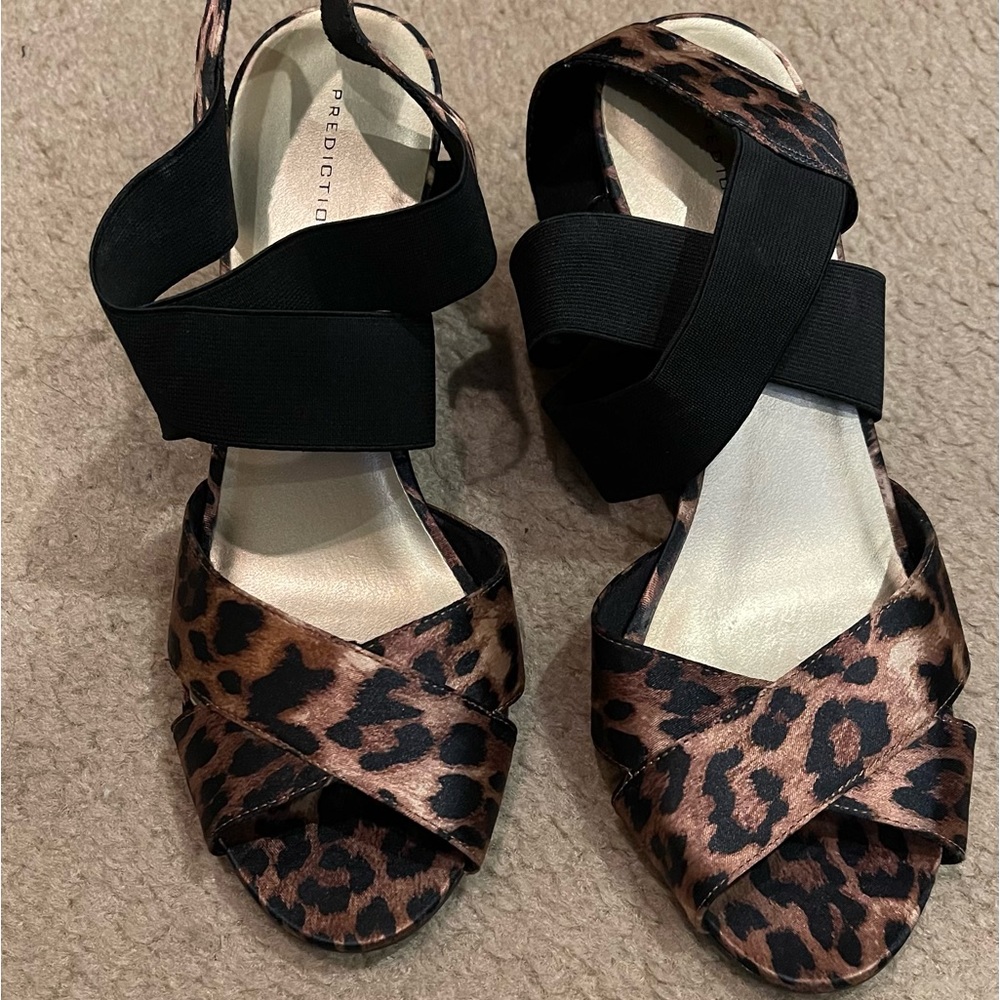 Prediction wedge heel shoe.  Silky leopard print with stretchy straps.